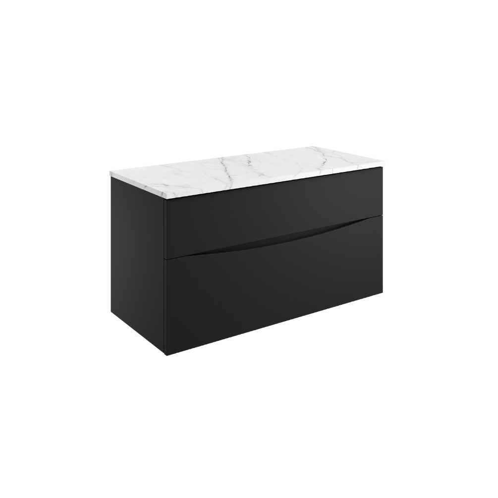 Product Cut out image of the Crosswater Glide II Matt Black 1000mm Double Drawer Unit with Carrara Marble Worktop